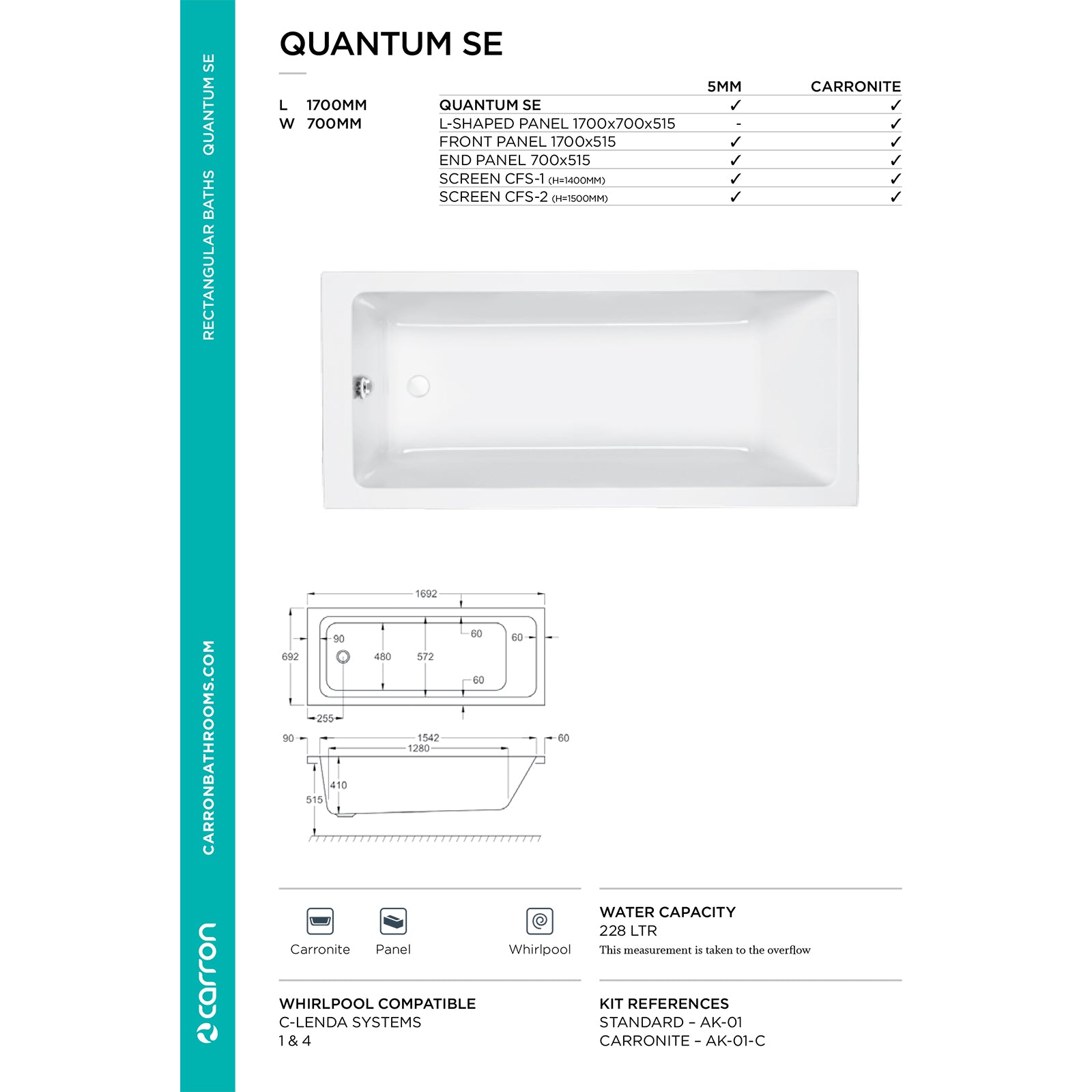 Carron Quantum Single Ended Carronite Bath 1700 x 700mm