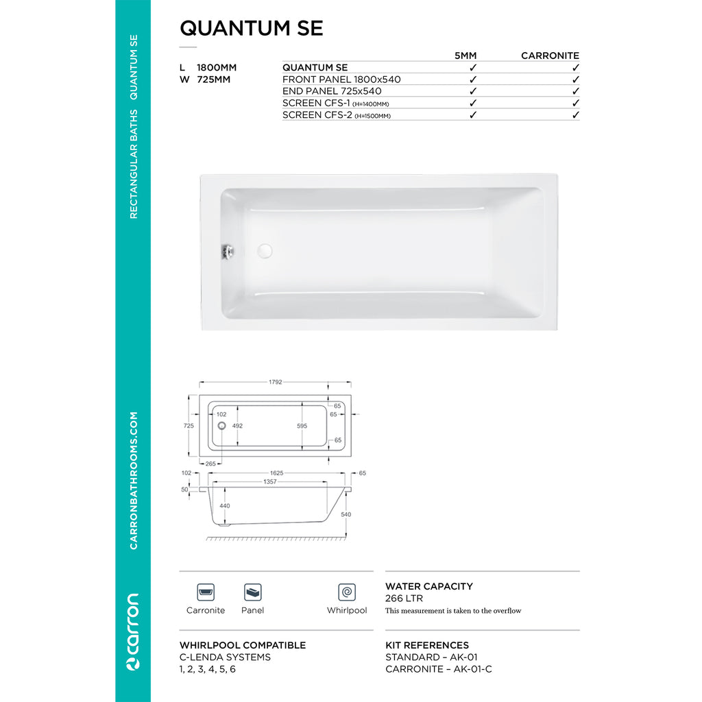Carron Quantum Single Ended Carronite Bath 1800 x 725mm