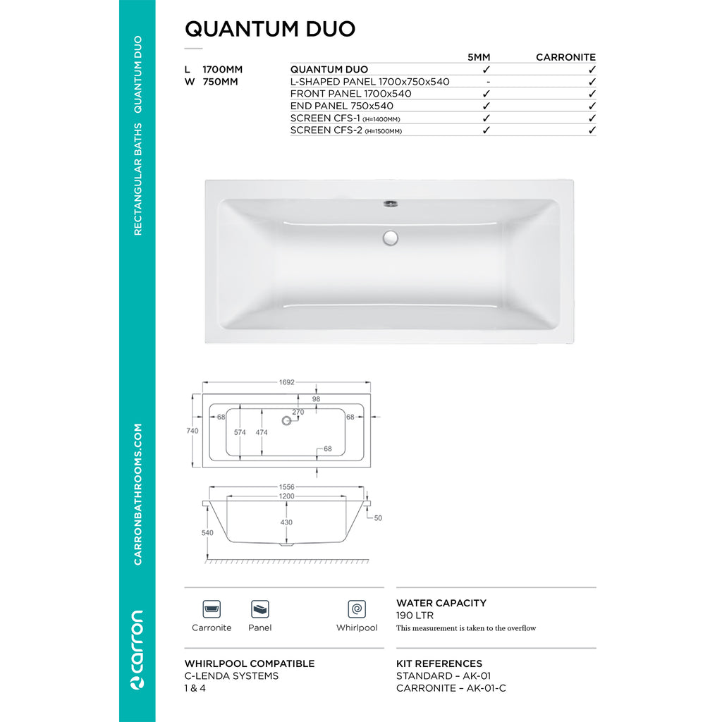 Carron Quantum Duo 5mm Bath 1700 x 750mm