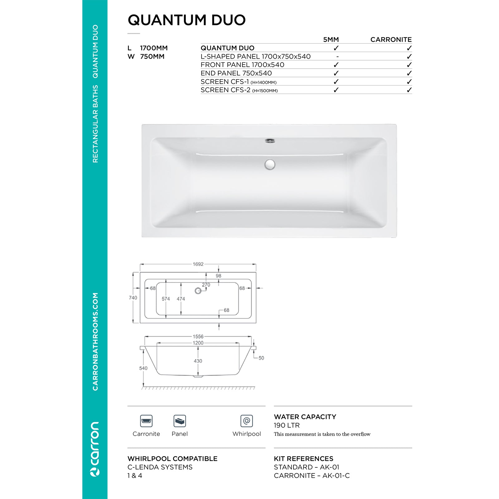 Carron Quantum Duo 5mm Bath 1700 x 750mm