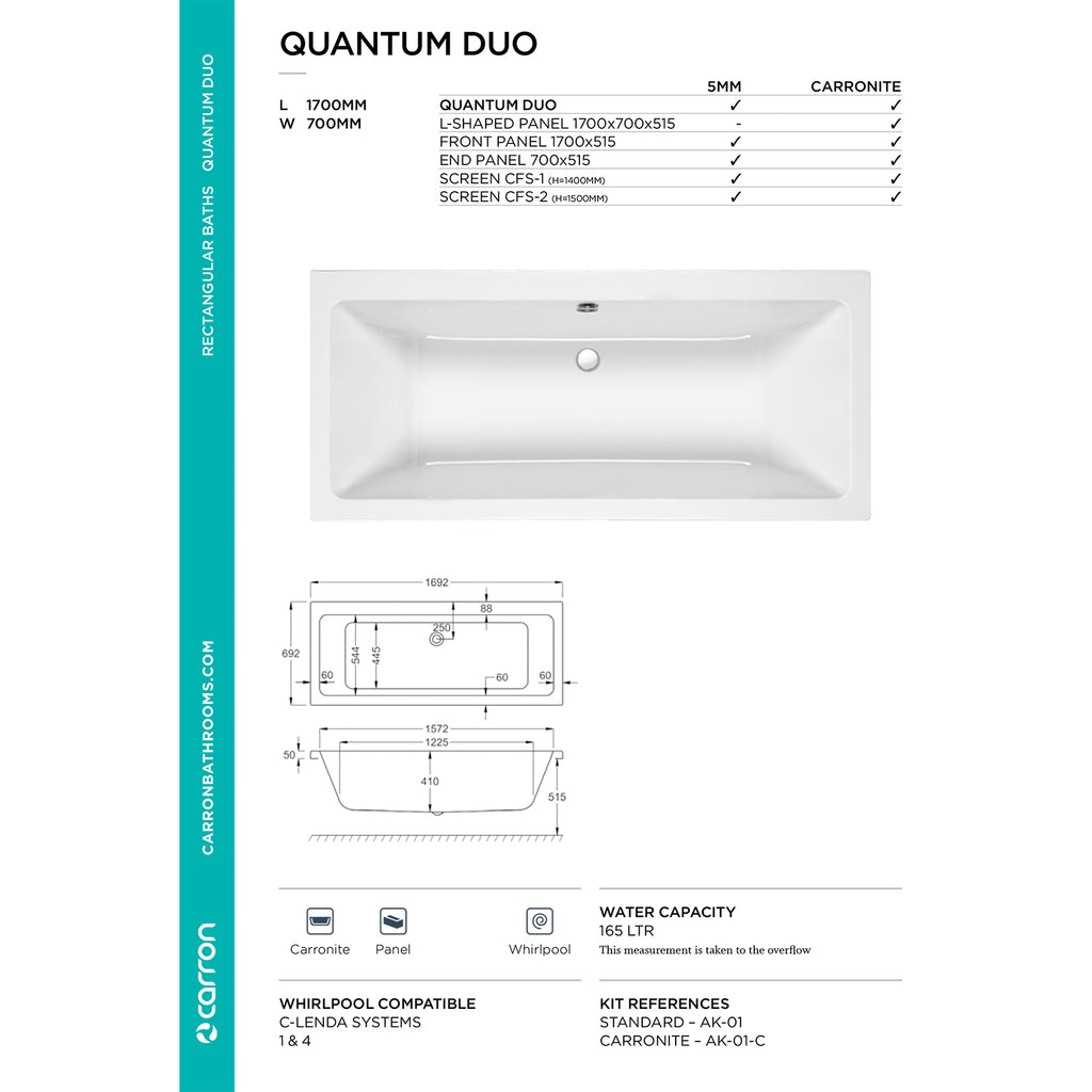Carron Quantum Duo 5mm Bath 1700 x 700mm