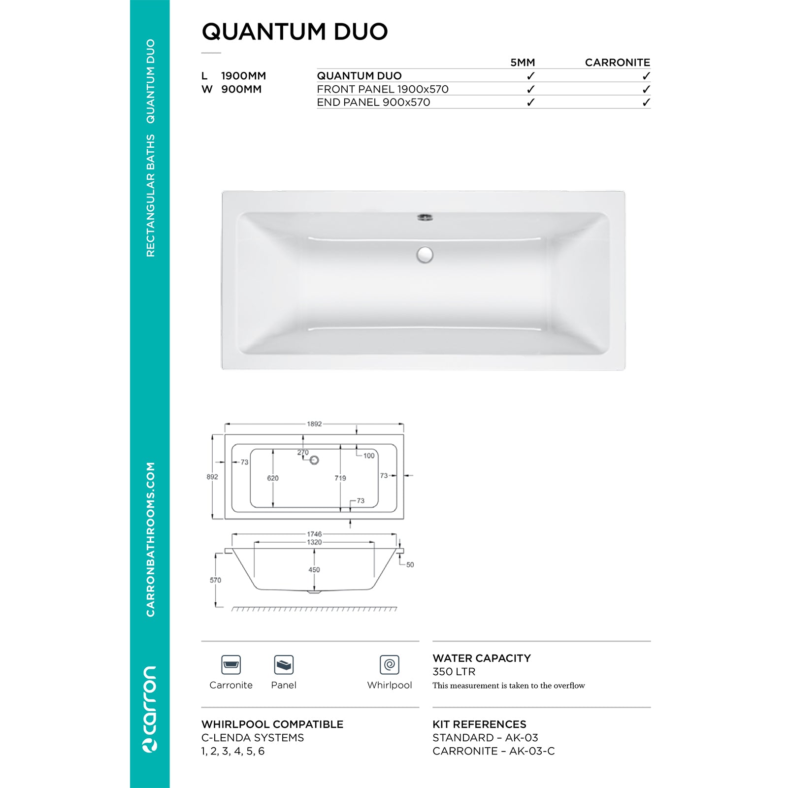 Carron Quantum Duo 5mm Bath 1900 x 900mm