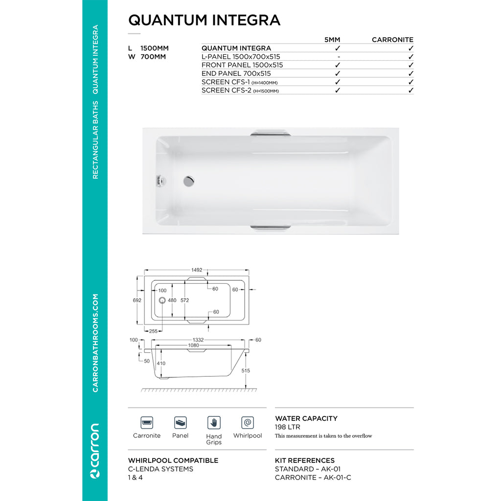 Carron Quantum Single Ended Integra 5mm Bath 1500 x 700mm