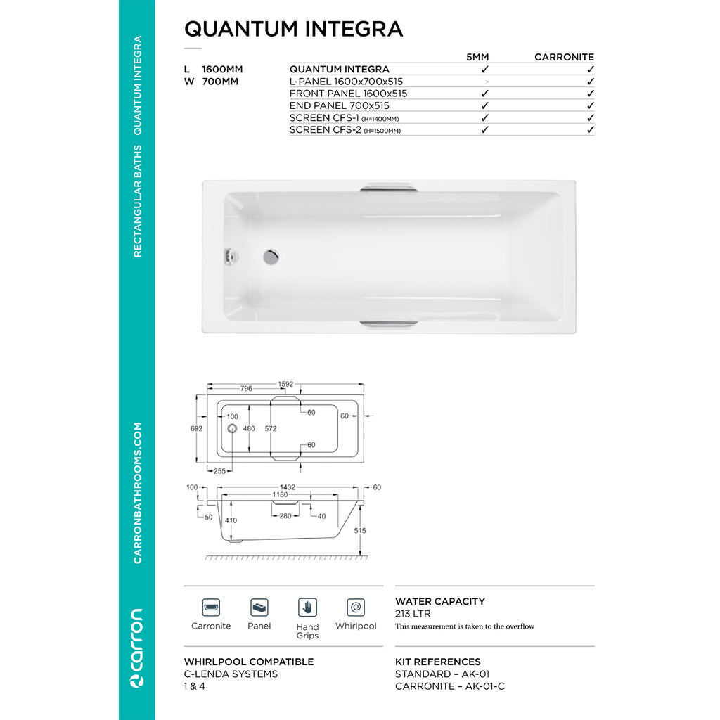 Carron Quantum Single Ended Integra 5mm Bath 1600 x 700mm