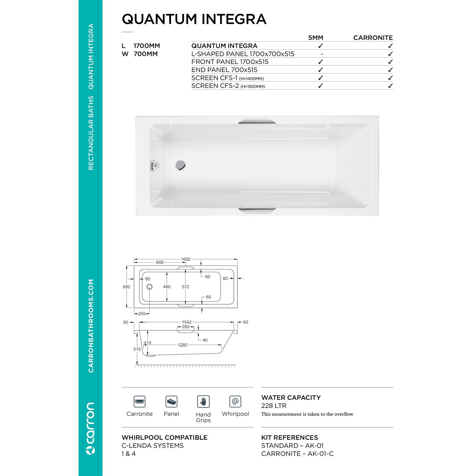 Carron Quantum Single Ended Integra 5mm Bath 1700 x 700mm