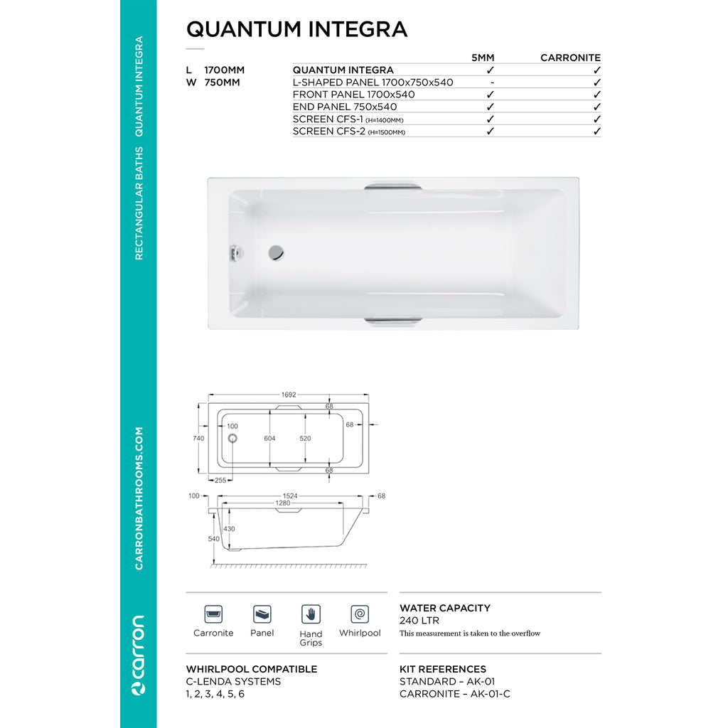 Carron Quantum Single Ended Integra 5mm Bath 1700 x 750mm