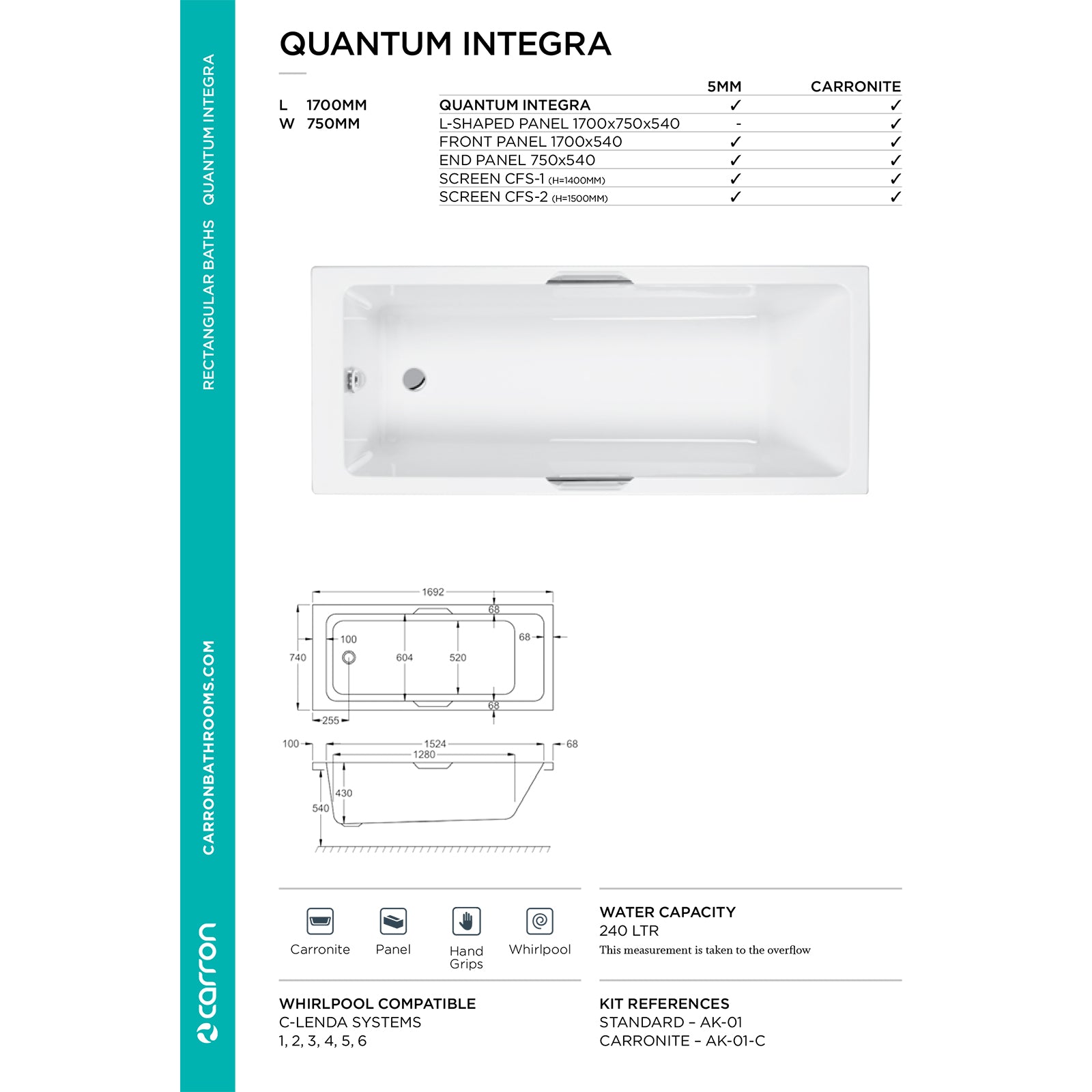 Carron Quantum Single Ended Integra 5mm Bath 1700 x 750mm