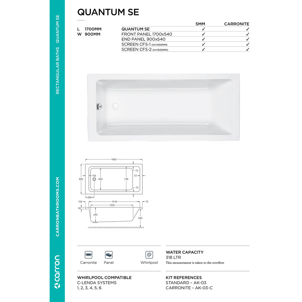 Carron Quantum Single Ended Carronite Bath 1700 x 900mm