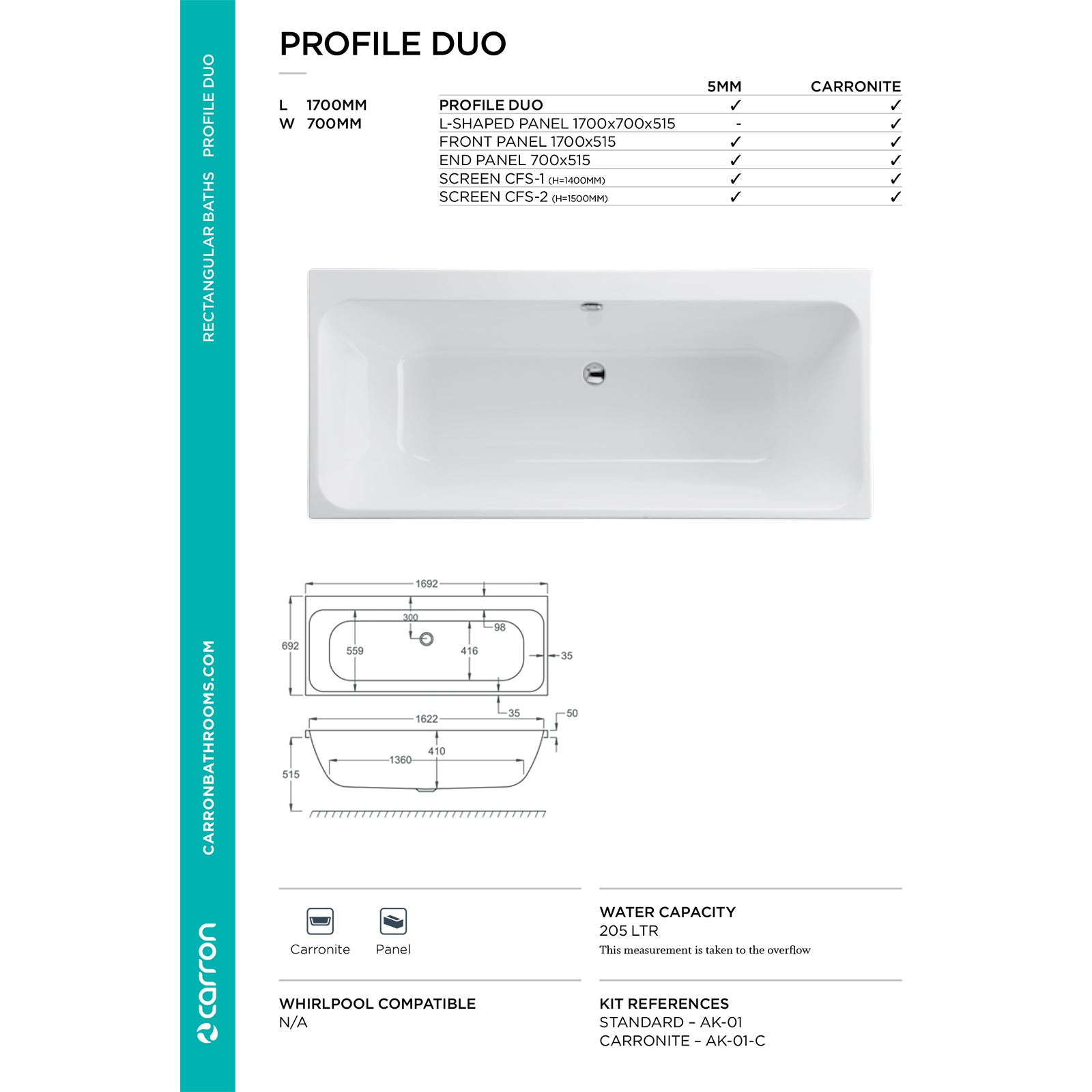 Carron Profile Double Ended Carronite Bath 1700mm