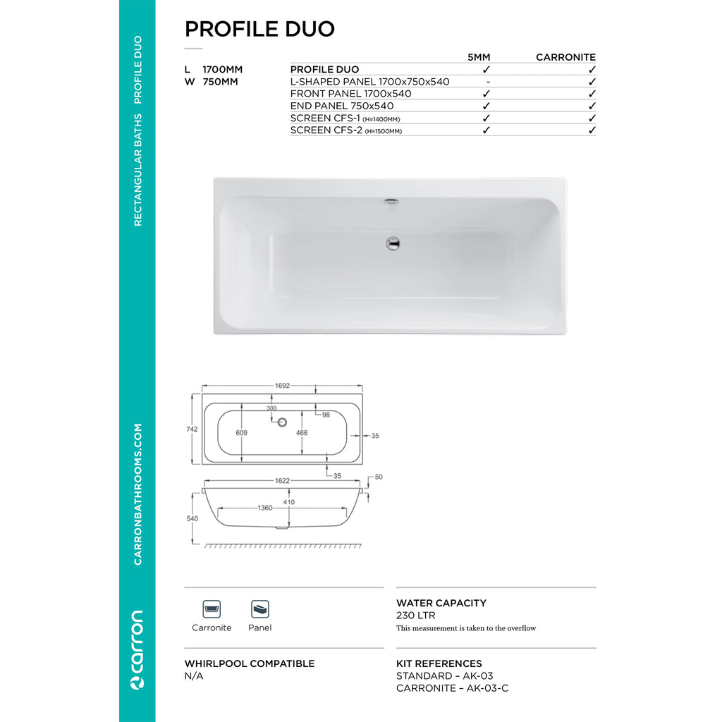 Carron Profile Double Ended Carronite Bath 1700 x 750mm