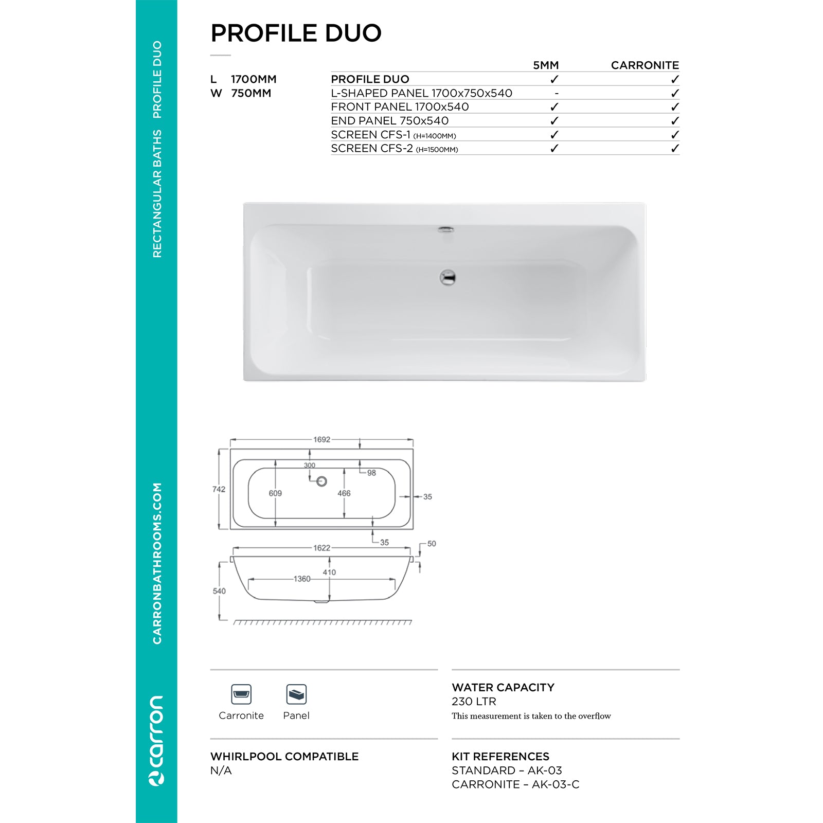 Carron Profile Double Ended Carronite Bath 1700 x 750mm