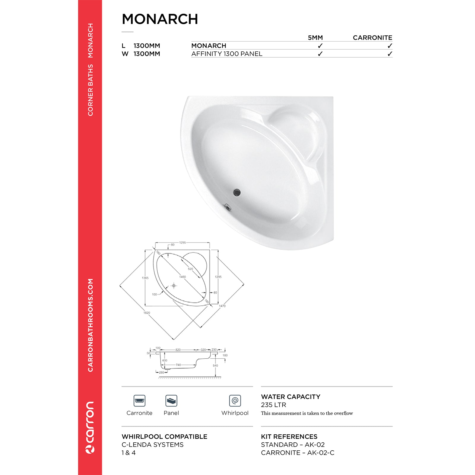 Carron Monarch Carronite Corner Bath 1300 x 1300mm