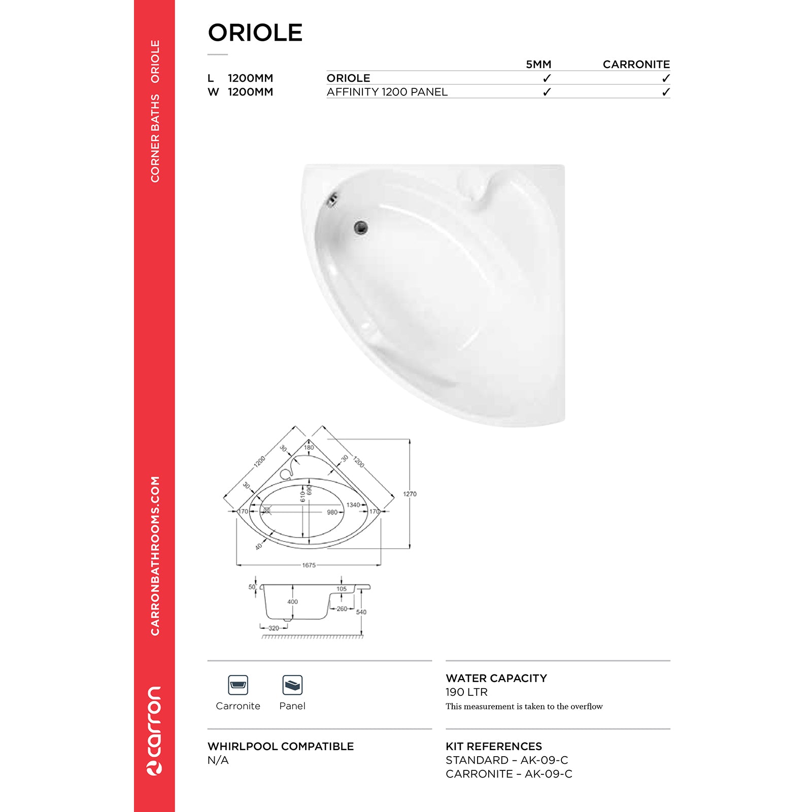 Carron Oriole 5mm Corner Bath 1200 x 1200mm