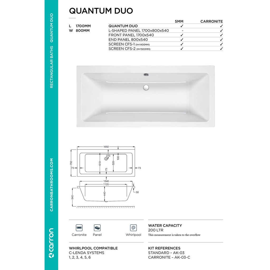 Carron Quantum Duo 5mm Bath 1700 x 800mm