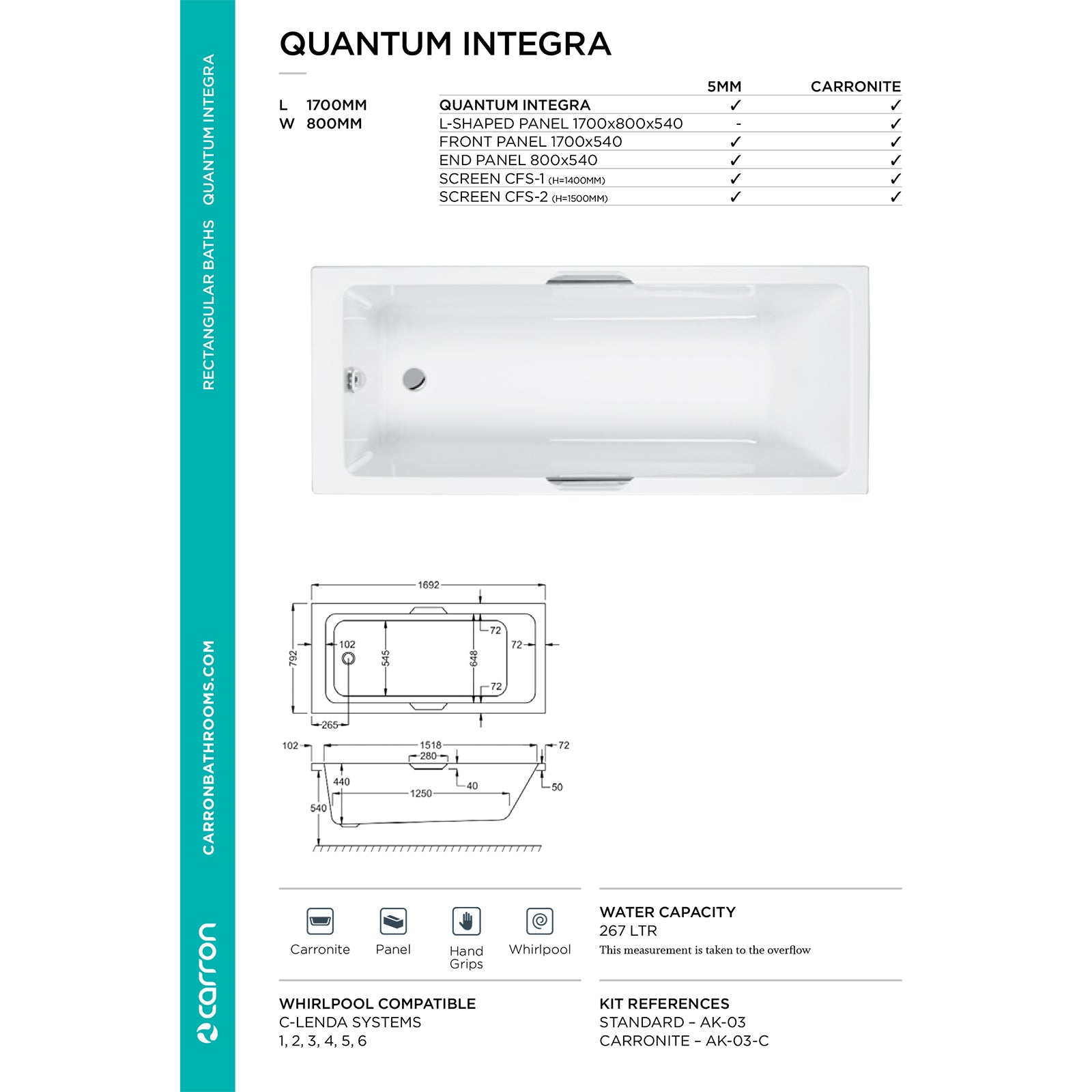 Carron Quantum Single Ended Integra 5mm Bath 1700 x 800mm