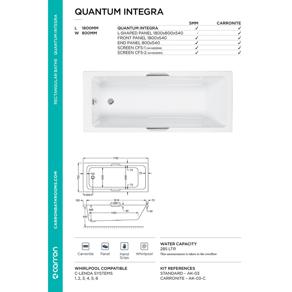 Carron Quantum Single Ended Integra 5mm Bath 1800 x 800mm