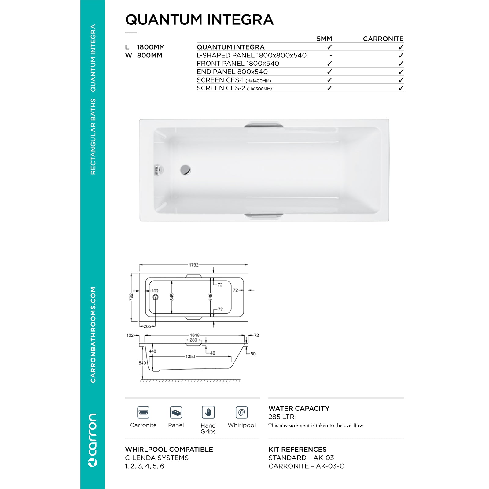 Carron Quantum Single Ended Integra 5mm Bath 1800 x 800mm