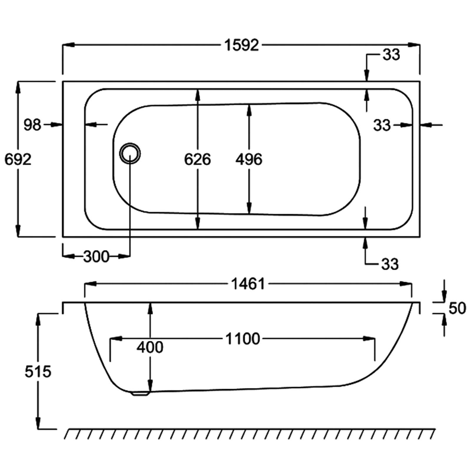 Carron Profile Single Ended Carronite Bath 1600 x 700mm