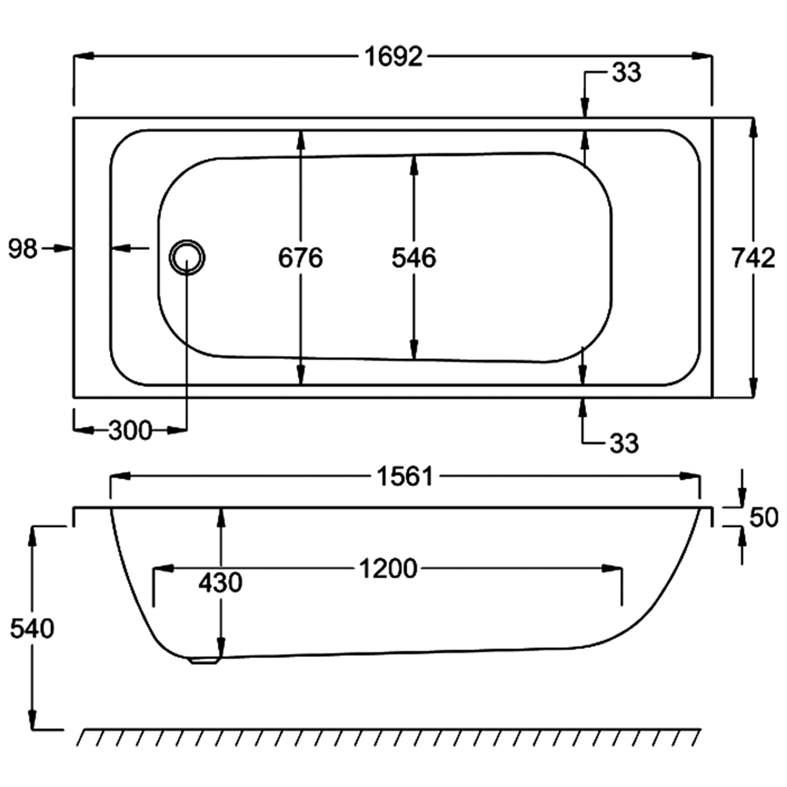 Carron Profile Single Ended Carronite Bath 1700 x 750mm