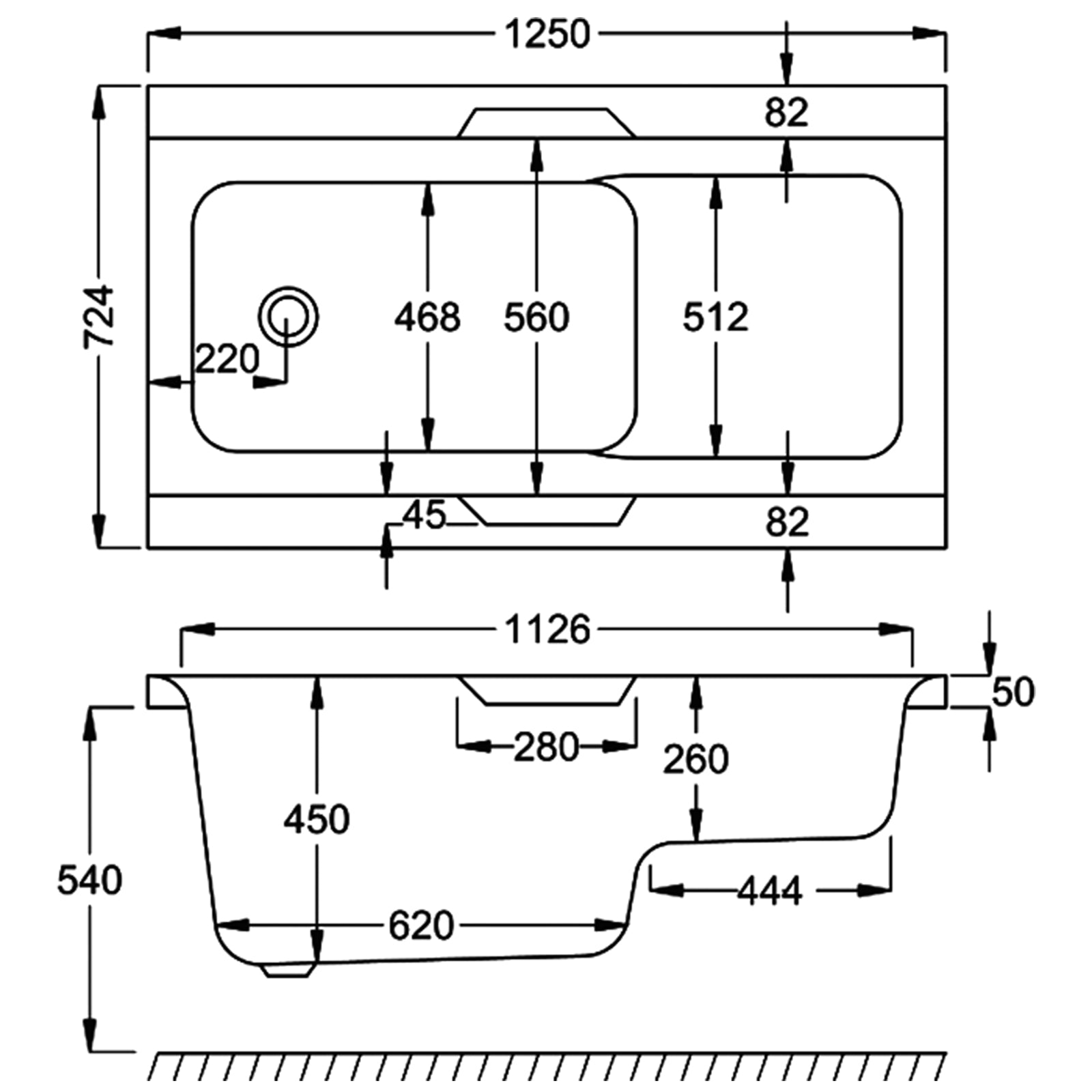 Carron Urban Sit Twin Grip 5mm Bath 1250 x 725mm