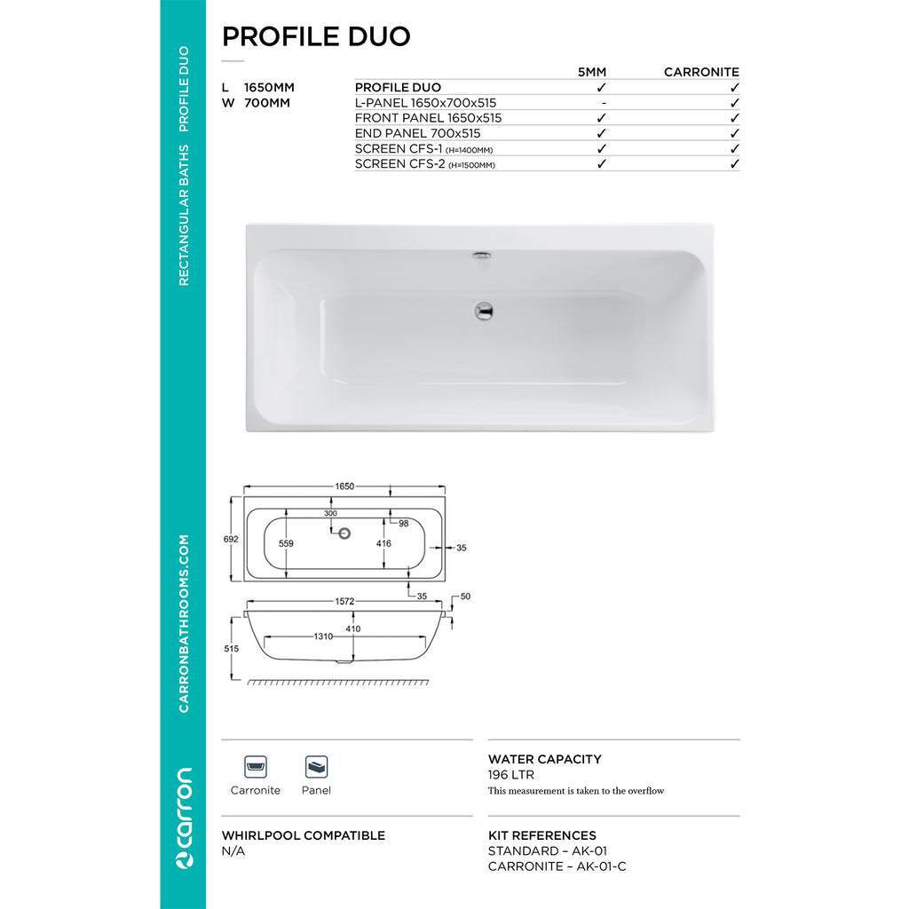 Carron Profile Double Ended 5mm Bath 1650mm