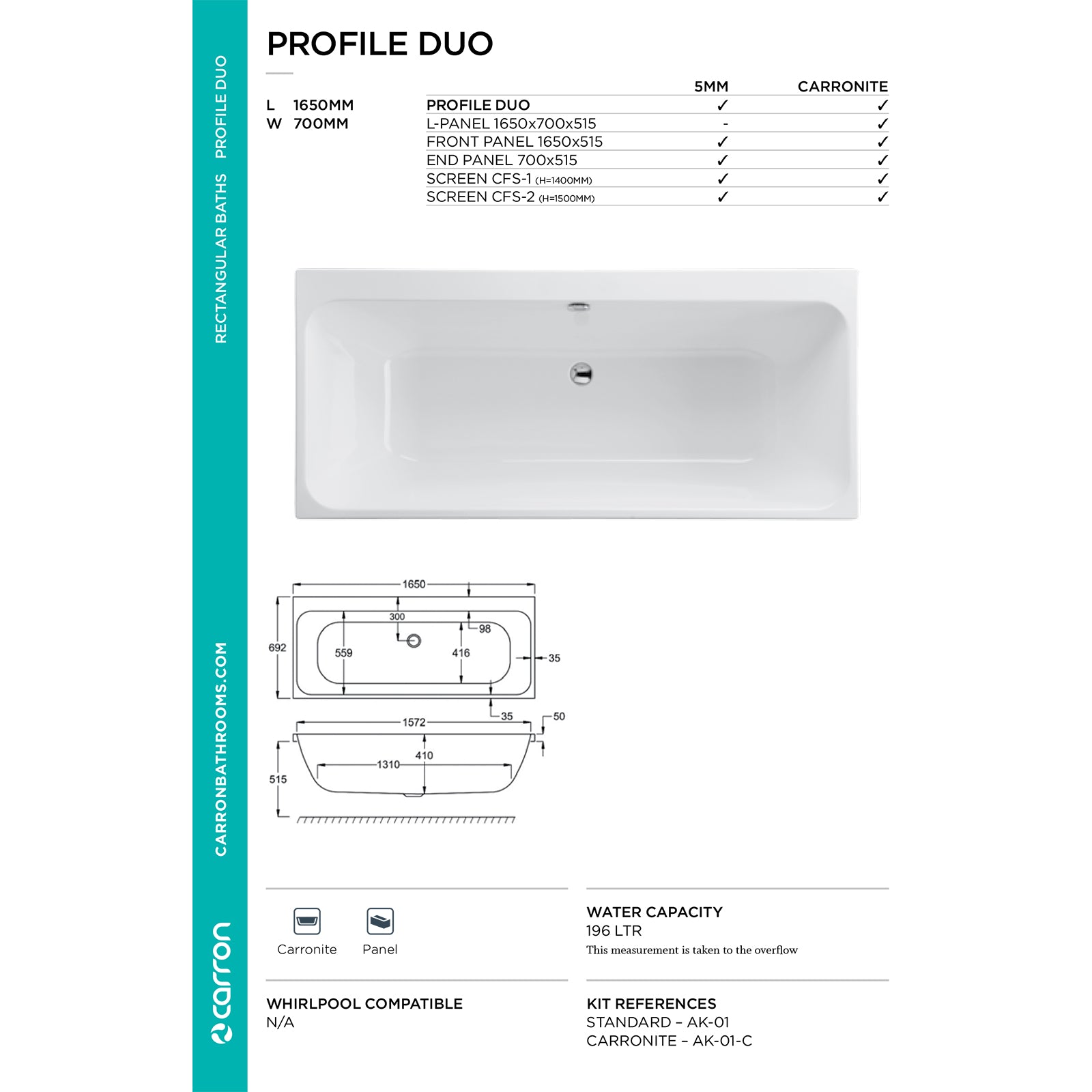 Carron Profile Double Ended 5mm Bath 1650mm