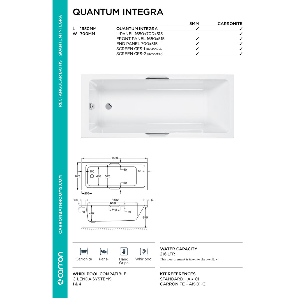 Carron Quantum Single Ended Integra 5mm Bath 1650 x 700mm