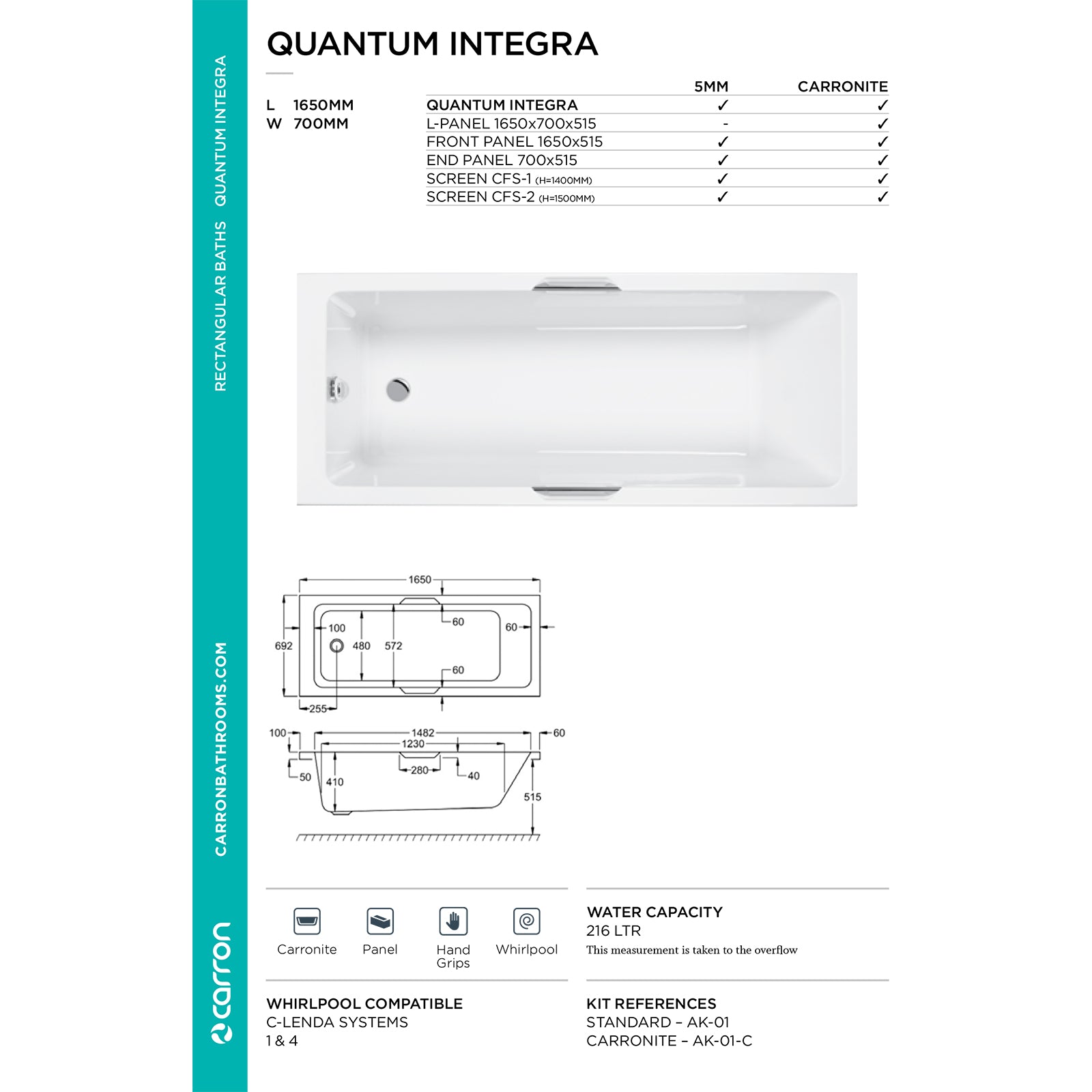 Carron Quantum Single Ended Integra 5mm Bath 1650 x 700mm