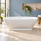 White Rimini oval freestanding bath with a low integrated base in a bright bathroom with blue walls and stone tiles.