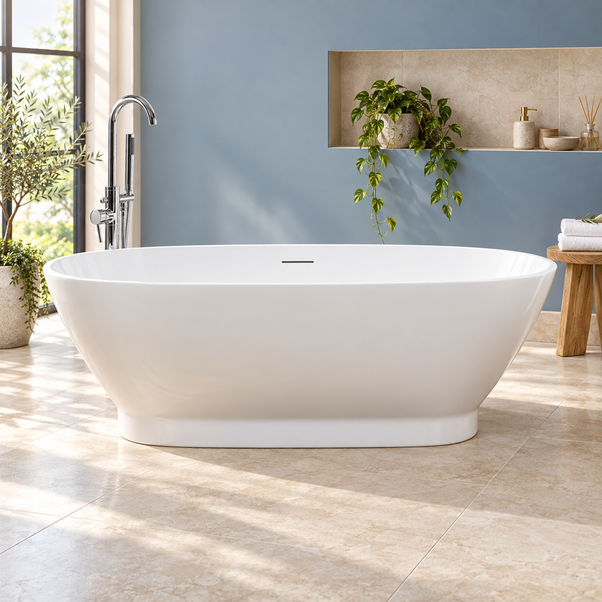White Rimini oval freestanding bath with a low integrated base in a bright bathroom with blue walls and stone tiles.