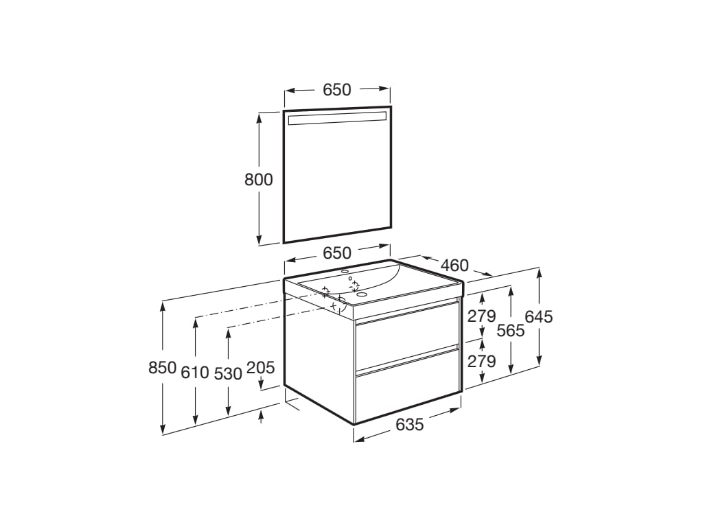 Roca Ona Unik 650mm Two Drawer Vanity Unit & Basin – 5 Colour Options