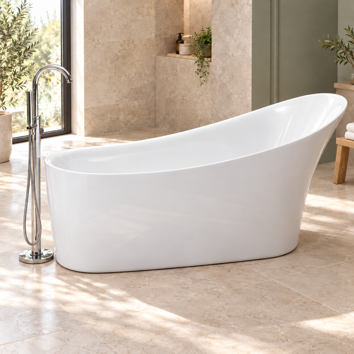 White Roma freestanding slipper bath with a sweeping raised backrest in a bright stone-tiled bathroom.