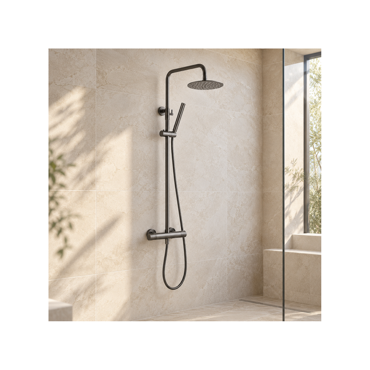 Roma Round Thermostatic Shower & Riser Kit – Matt Grey