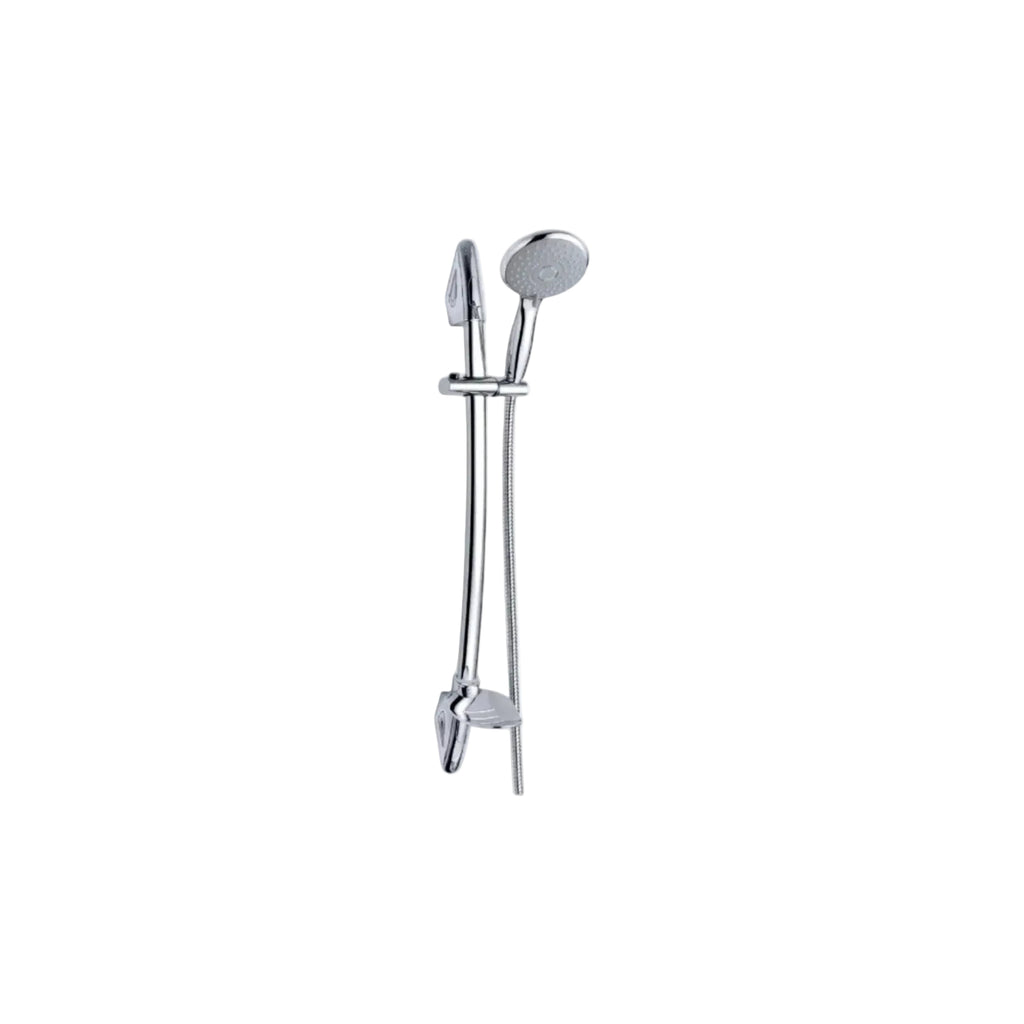 Chrome shower head and hose on a white background