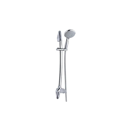 Chrome shower head and hose on a white background