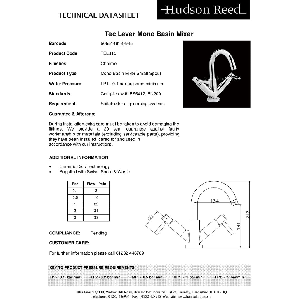 Hudson Reed Tec Lever Mono Basin Mixer