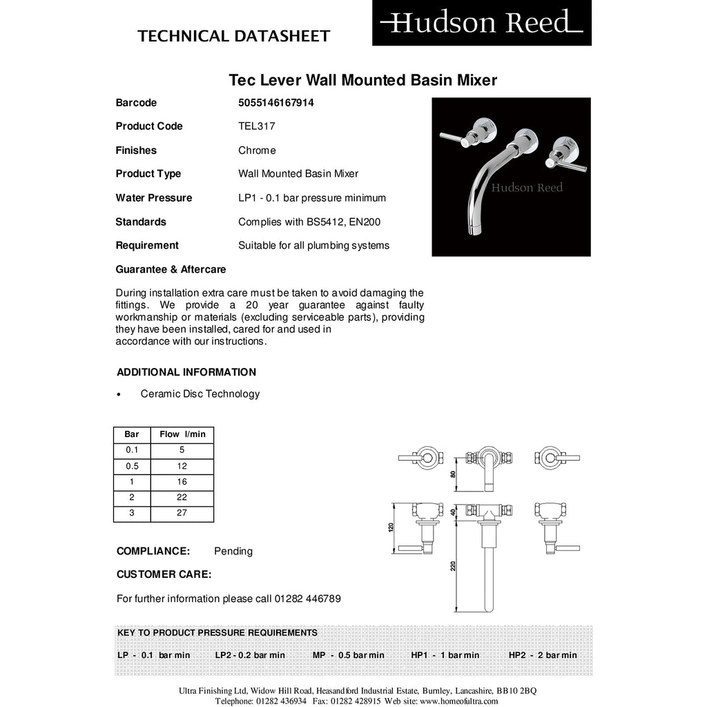 Hudson Reed Tec Lever Wall Mounted Basin Mixer