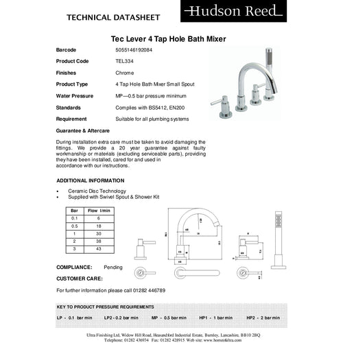 Hudson Reed Tec Lever 4 Tap Hole Bath Mixer with Swivel Spout