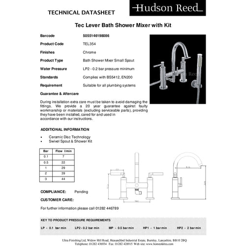 Hudson Reed Tec Lever Bath Shower Mixer with Shower Kit