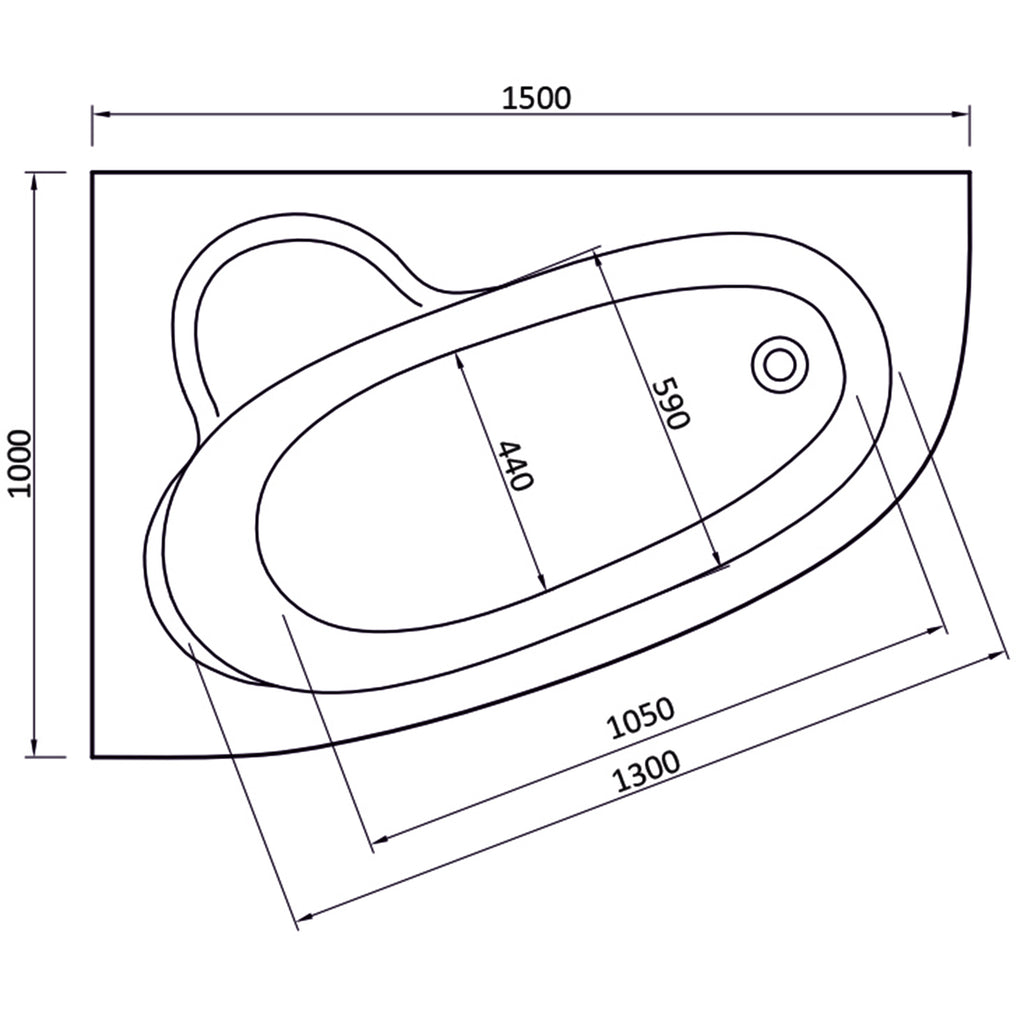 Tennessee offset corner bath plan showing 1500mm length and 1000mm maximum width