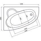 Tennessee offset corner bath plan showing 1500mm length and 1000mm maximum width