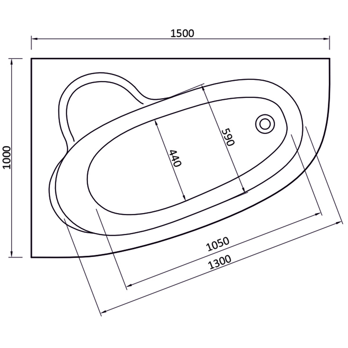 Tennessee offset corner bath plan showing 1500mm length and 1000mm maximum width