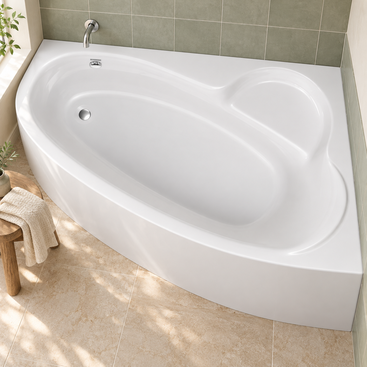 White Tennessee right-hand offset corner bath with curved panel and moulded seat in a tiled bathroom