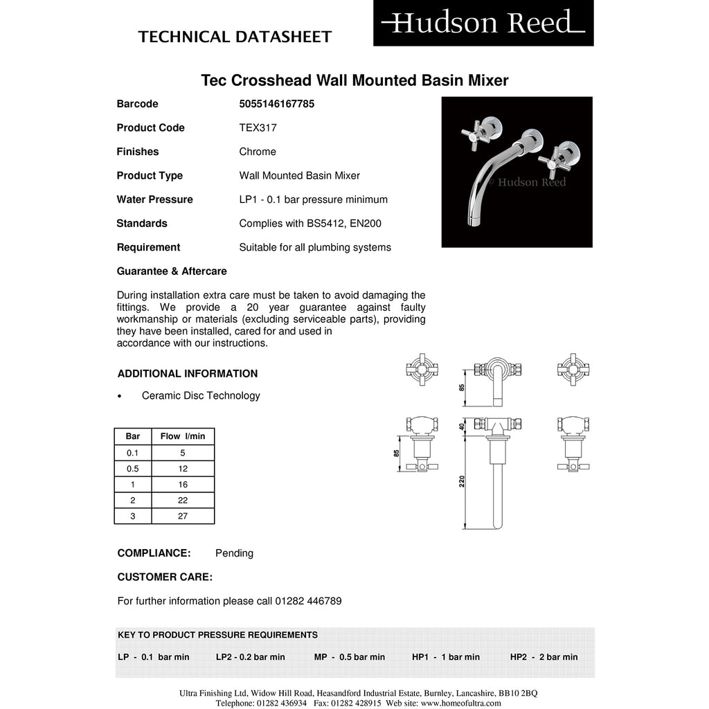 Hudson Reed Tec Crosshead Wall Mounted Basin Mixer