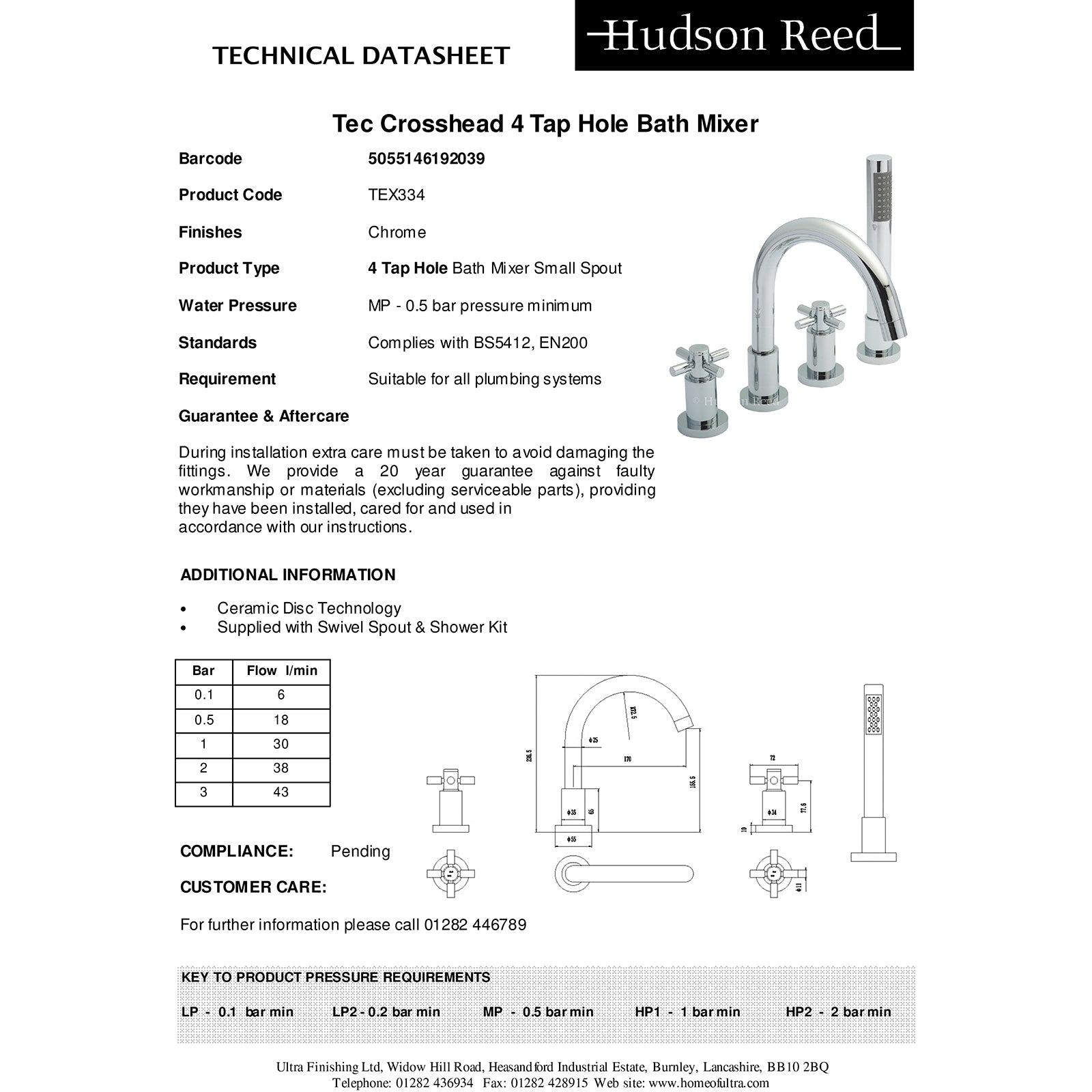 Hudson Reed Tec Crosshead 4 Tap Hole Bath Mixer with Swivel Spout