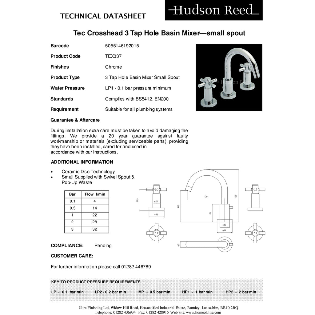 Hudson Reed Tec Crosshead 3 Tap Hole Basin Mixer