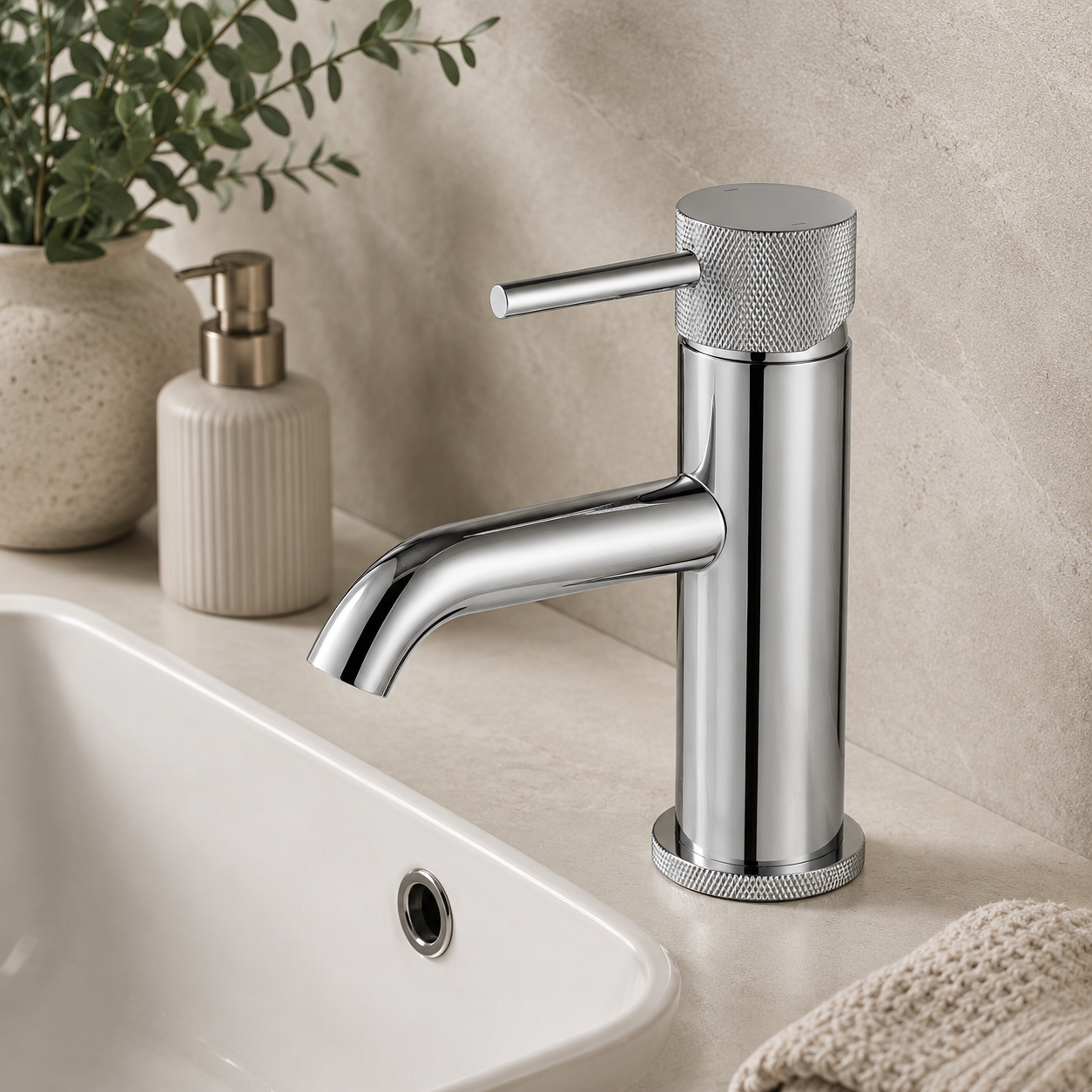 Tudeley Basin Mixer Tap with Knurled Handle & Waste – 5 Finishes