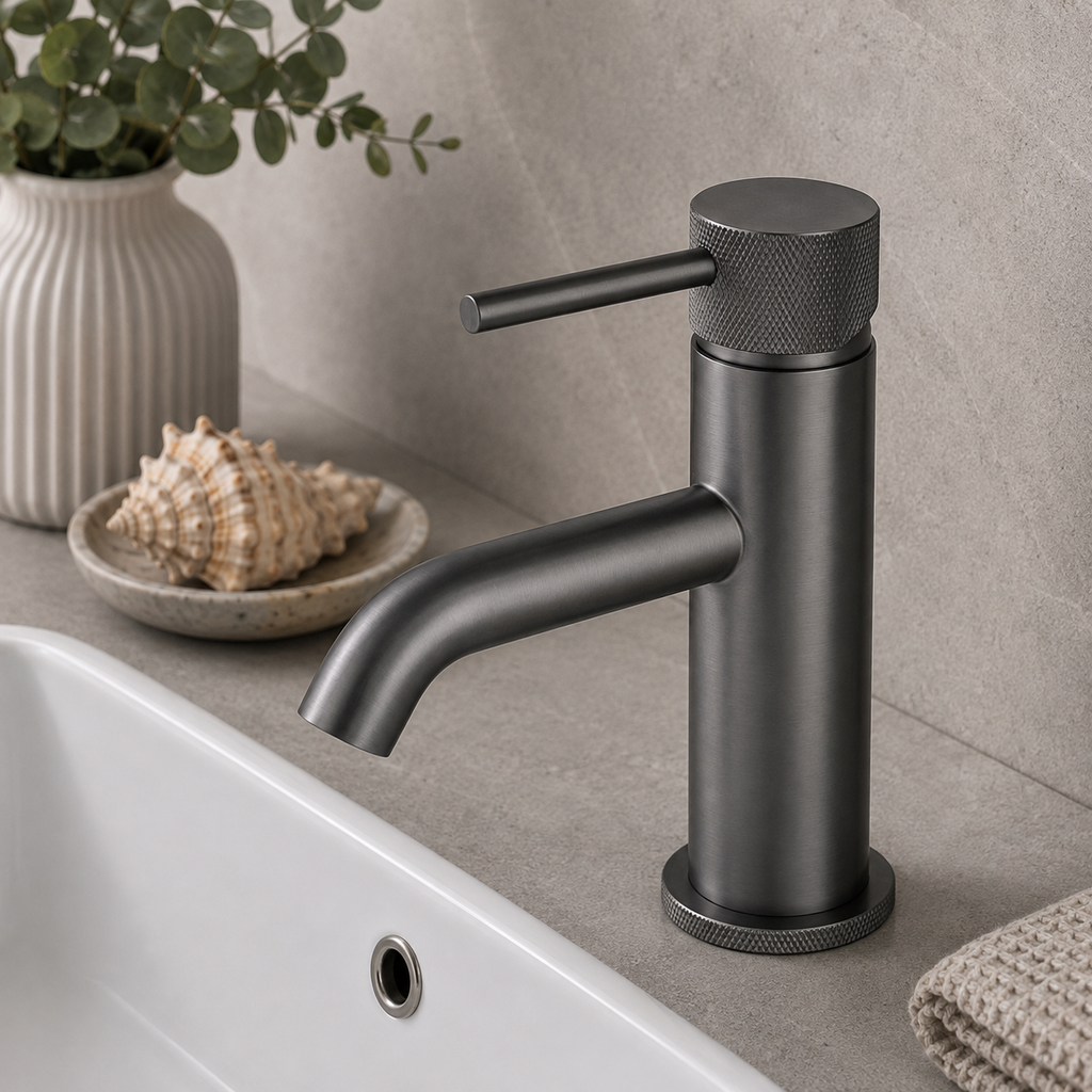 Tudeley Basin Mixer Tap with Knurled Handle & Waste – 5 Finishes