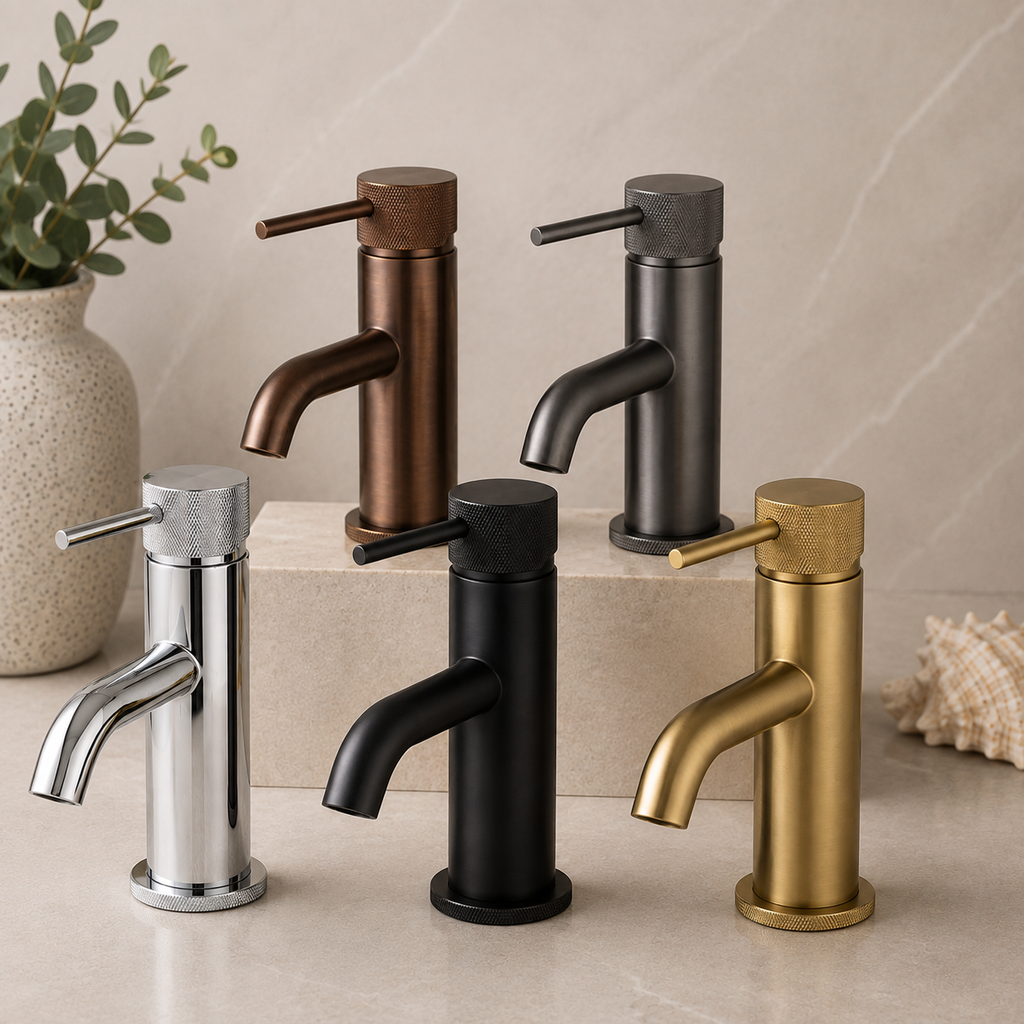 Tudeley Basin Mixer Tap with Knurled Handle & Waste – 5 Finishes