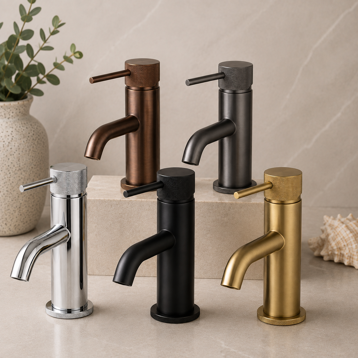 Tudeley Basin Mixer Tap with Knurled Handle & Waste – 5 Finishes